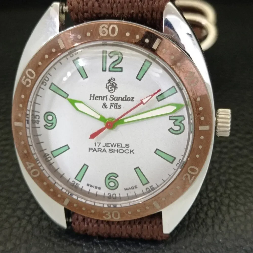 Vintage 1973 Henri Sandoz Manual Mens Silver Watch W/Nato Strap - Picture 3 of 9
